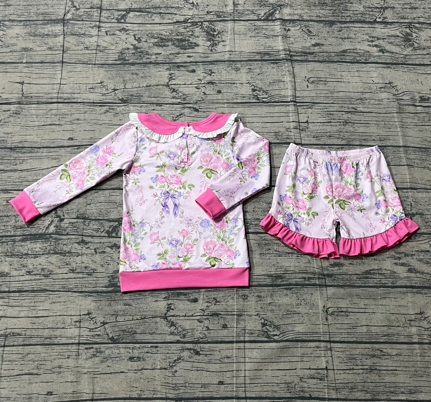 Baby Girls Pink Flowers Collar Top Ruffle Shorts Clothes Sets