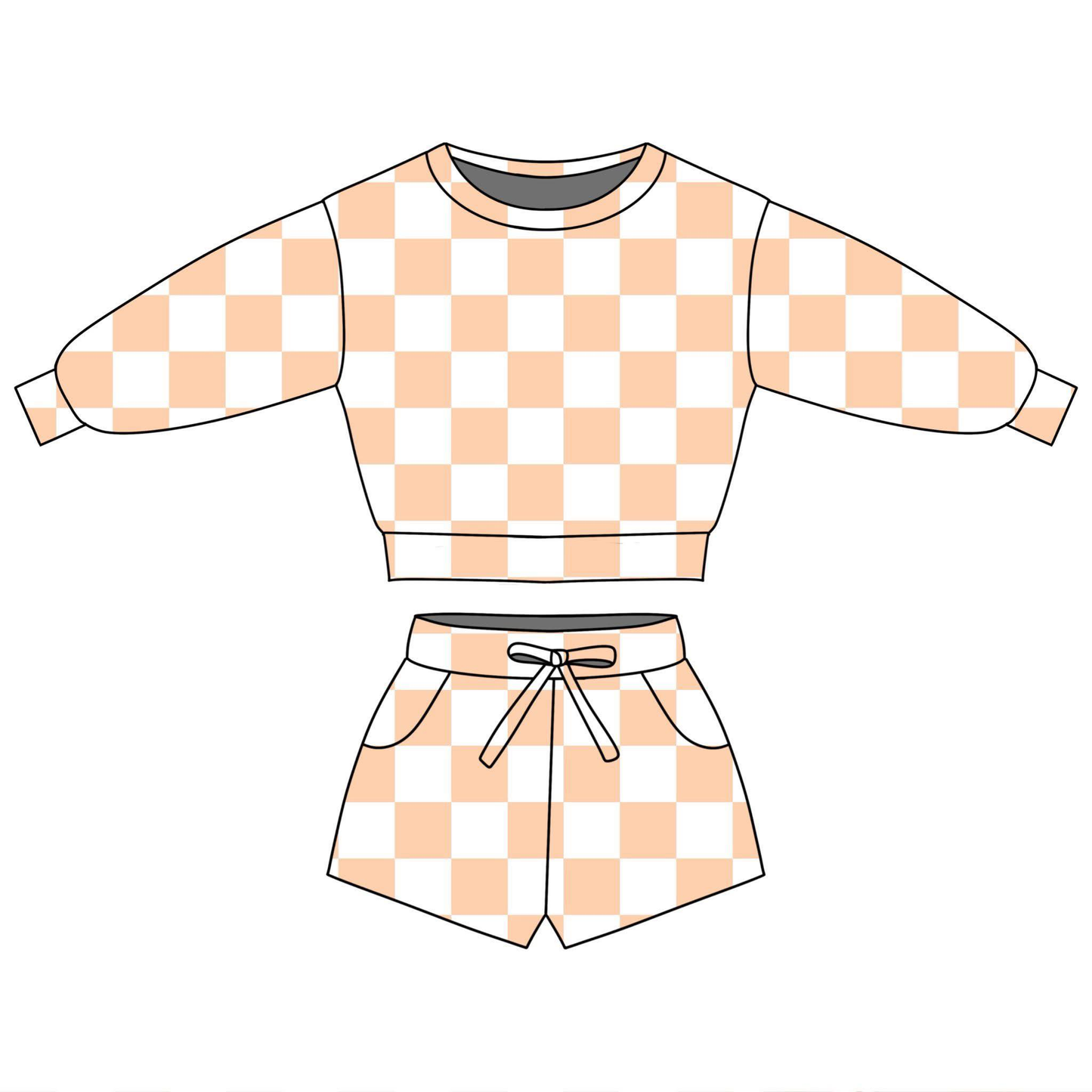 Baby Girls Peach Checked Long Sleeve Top Pockets Shorts Clothes Sets Preorder