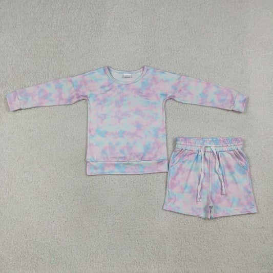 Sibling Baby Girls Long Sleeve Pink Camo Tie-dye Print Top Pockets Short Clothes Sets