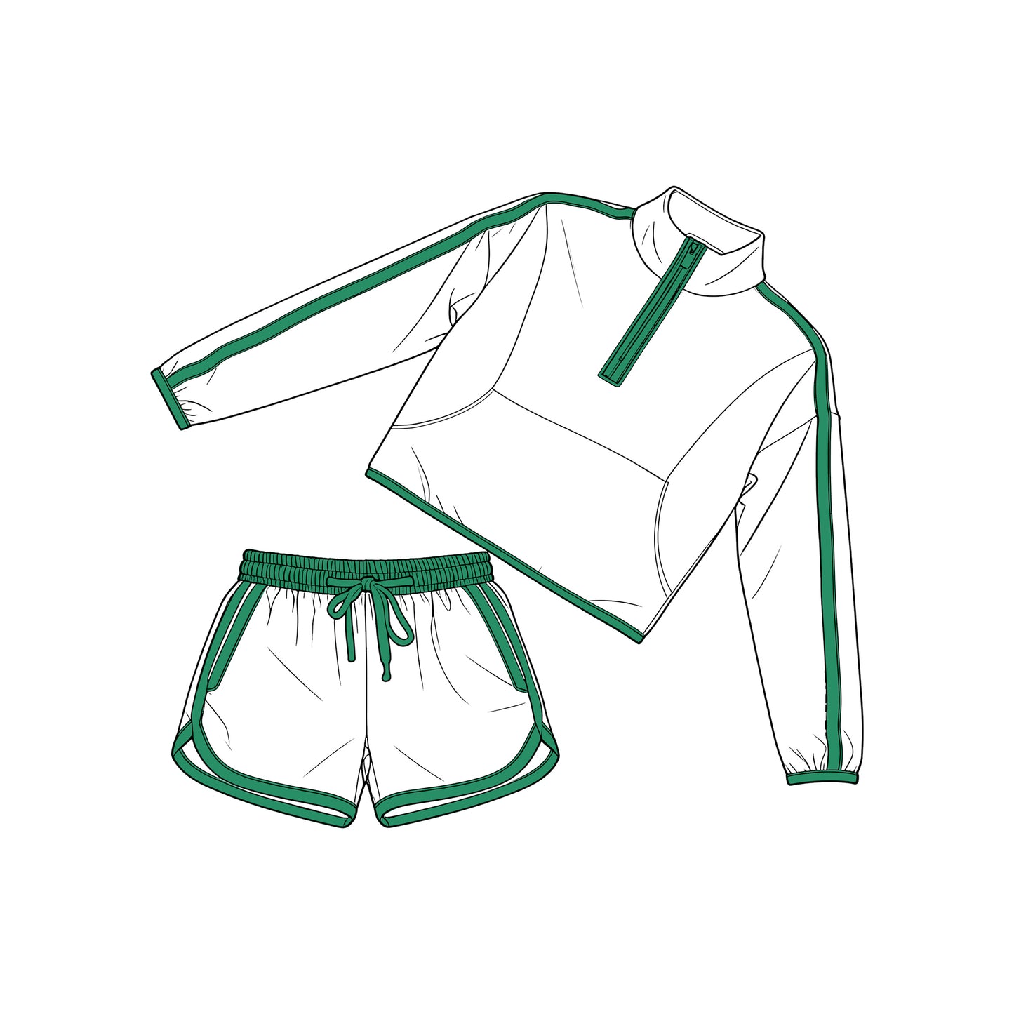 Baby Girls Long Sleeve Green Pockets Zip Pullover Top Short Clothes Set Preorder
