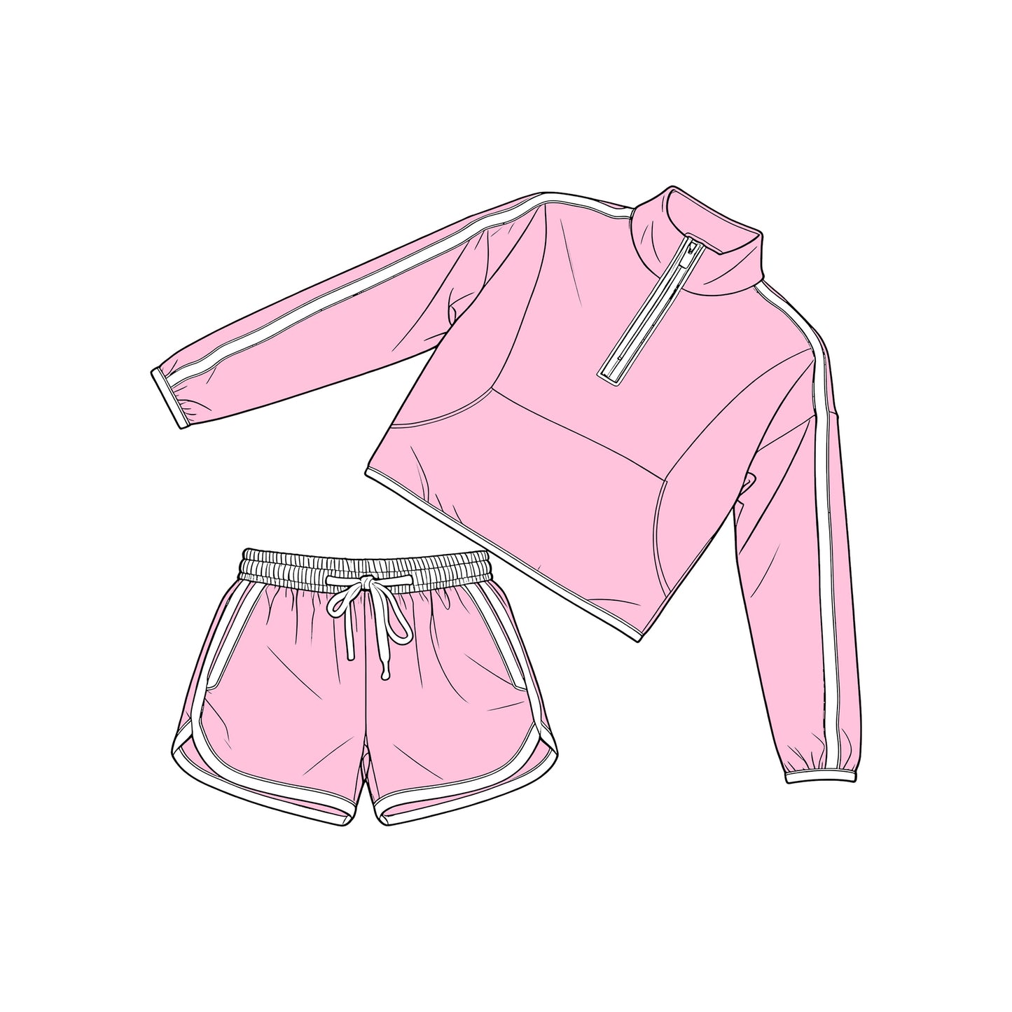 Baby Girls Long Sleeve Pink Pockets Zip Pullover Top Short Clothes Set Preorder