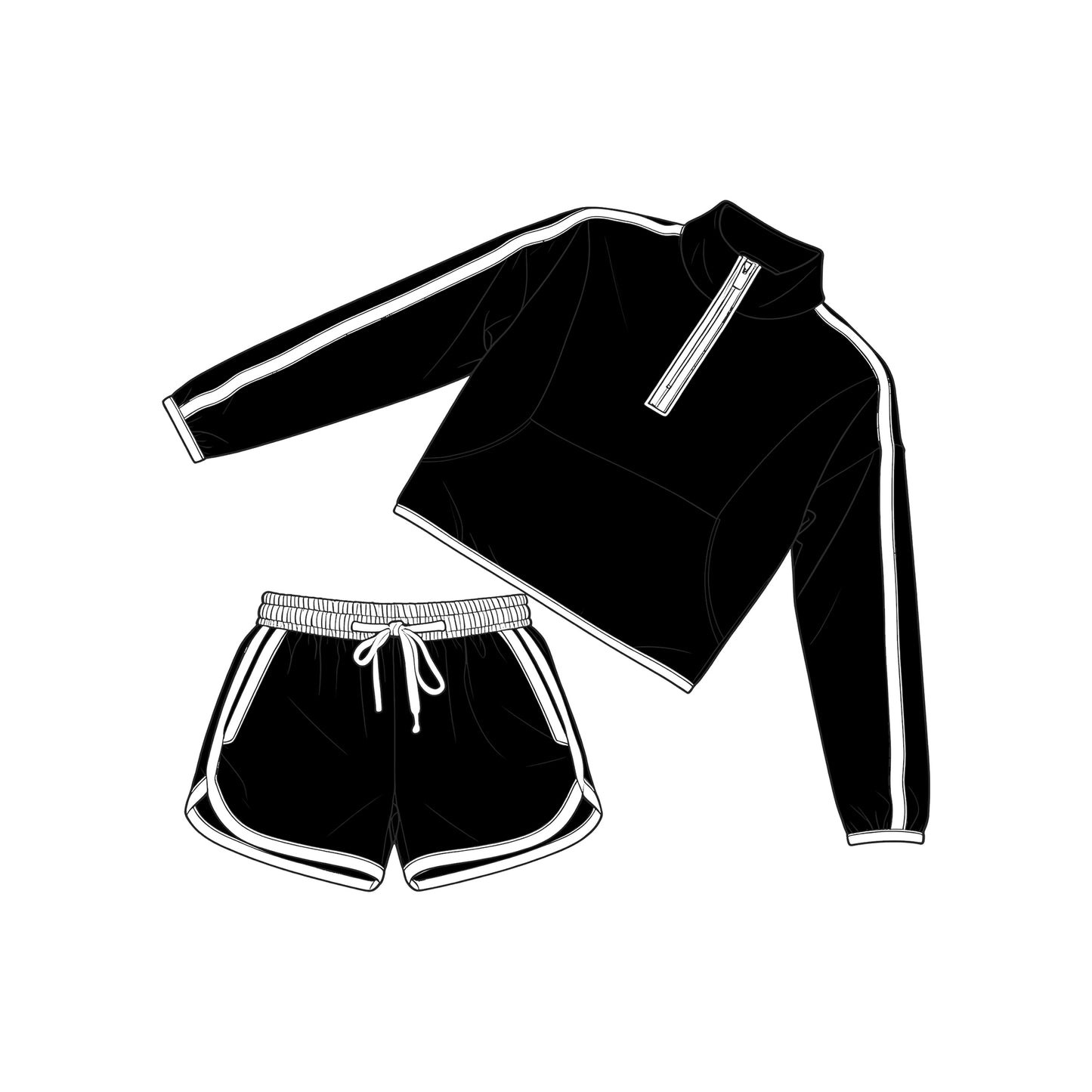Baby Girls Long Sleeve Black Pockets Zip Pullover Top Short Clothes Set Preorder
