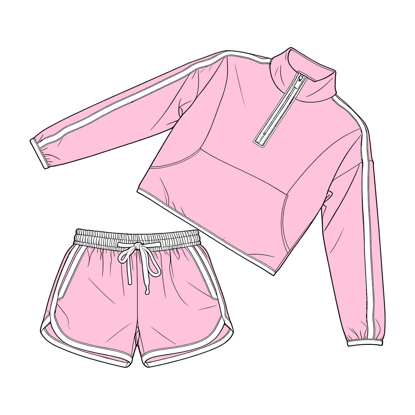 Adult Women Pink Pocket Zip Pullover Top Shorts Clothes Set Preorder