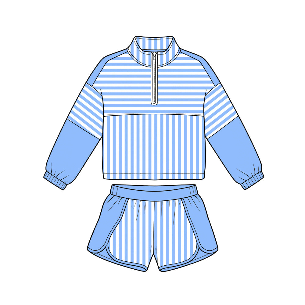 Preorder moq 5 Baby Girls Blue Stripe Zip Pullovers Shorts Yoga Active Clothes Sets
