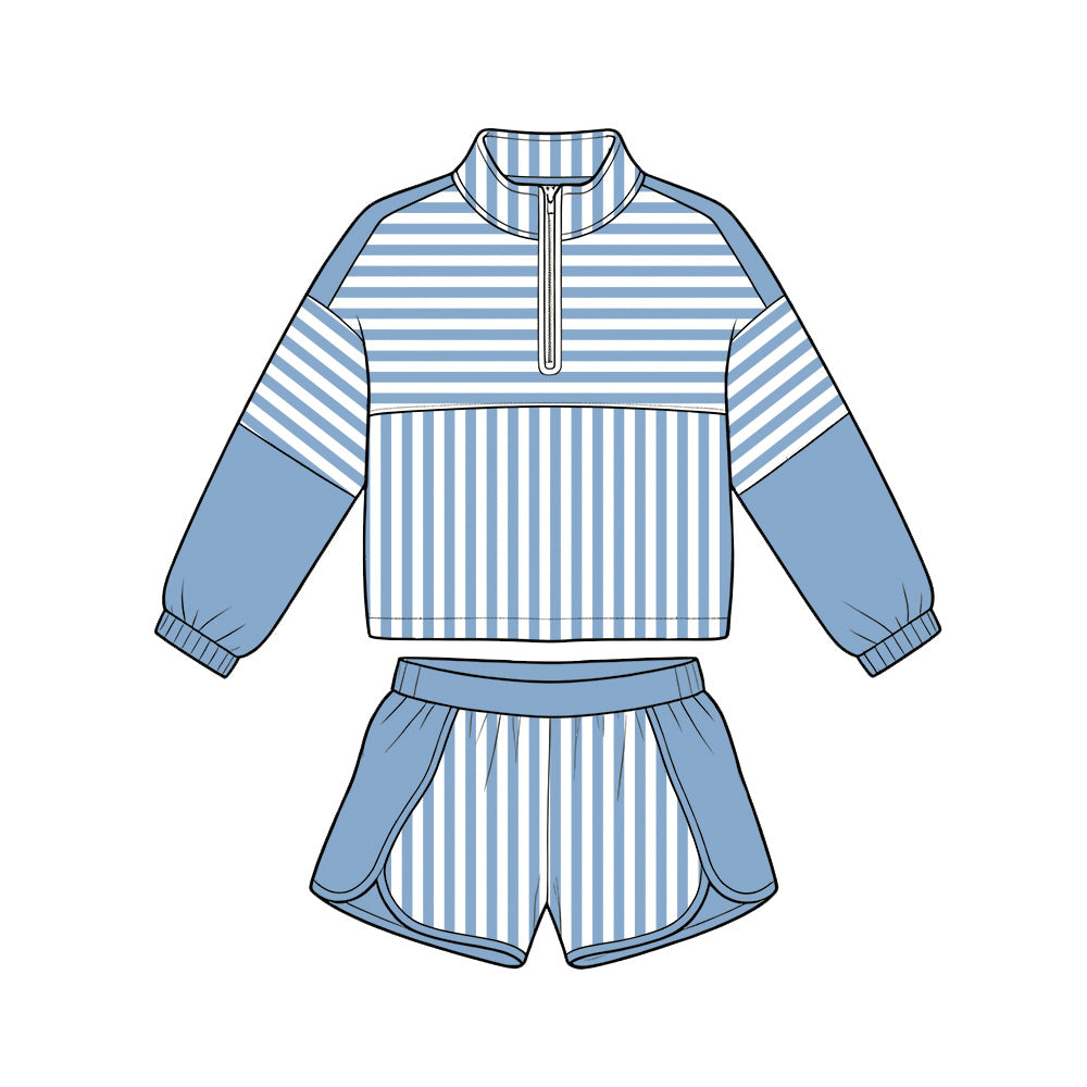 Preorder moq 5 Baby Girls Hot Blue Stripe Zip Pullovers Shorts Yoga Active Clothes Sets