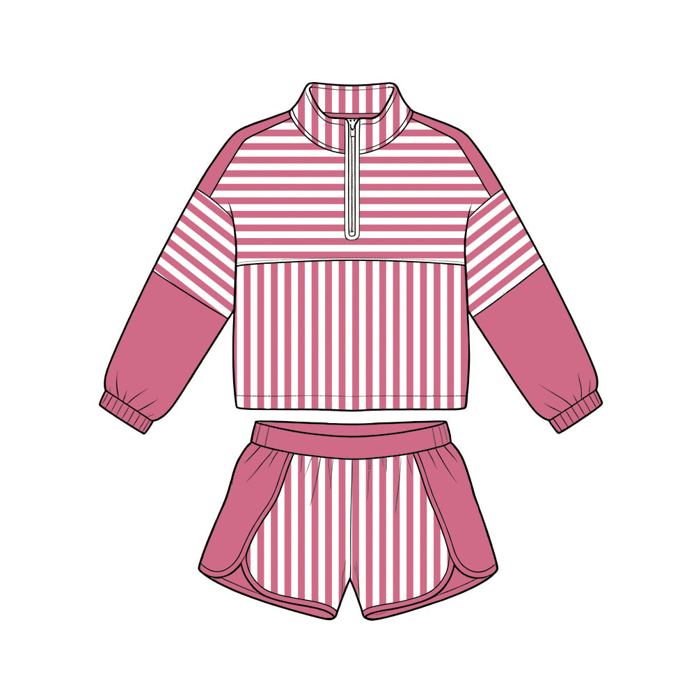 Preorder moq 5 Baby Girls Hot Pink Stripe Zip Pullovers Shorts Yoga Active Clothes Sets