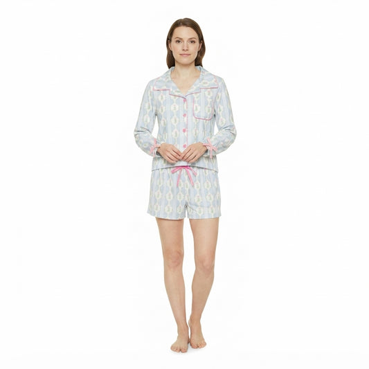 Adult Women Blue Bows Trees Button Pocket Top Shorts Christmas Pajamas Set