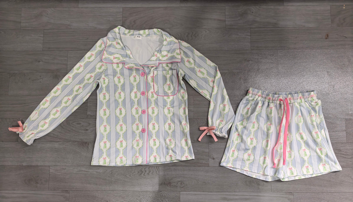 Adult Women Bows Trees Button Pocket Top Shorts Christmas Pajamas Set