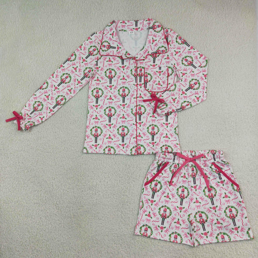 Mama and Me Girls Holly Soldiers Bows Button Pocket Long Sleeves Short Pajamas Sets
