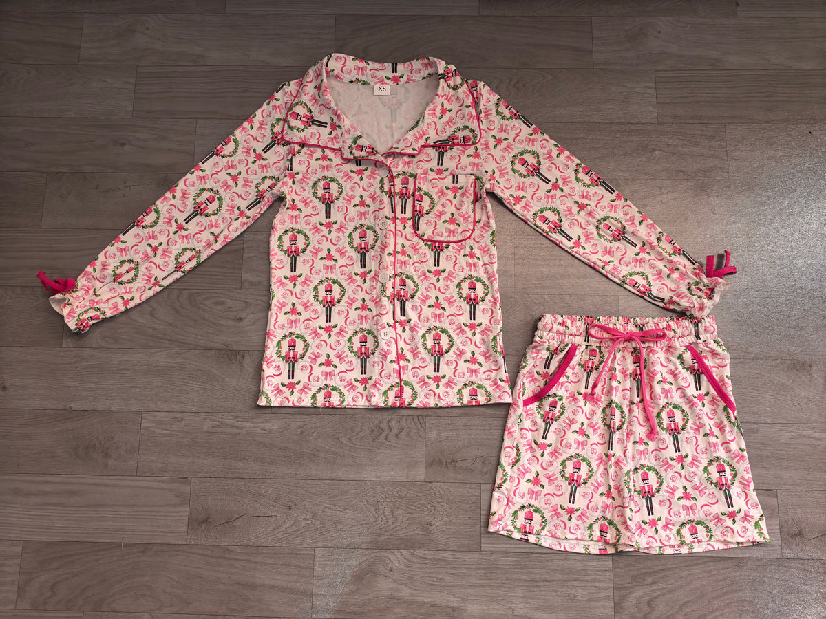 Adult Women Soldiers Holly Button Pocket Top Shorts Christmas Pajamas Sets