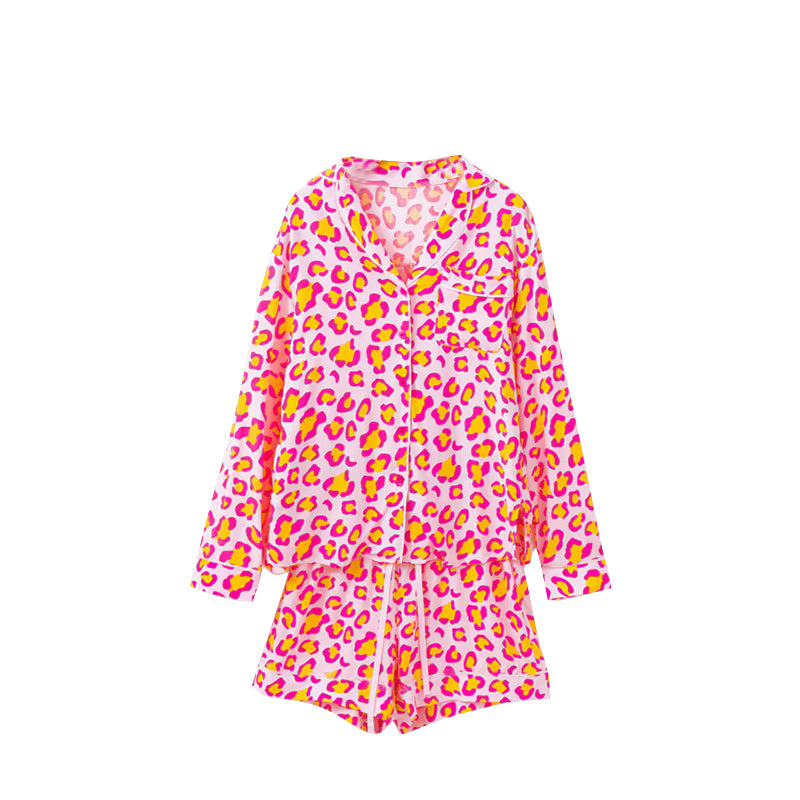 Preorder moq 5 Adult Women Pink Leopard Button Pockets Top Shorts Pajamas Sets