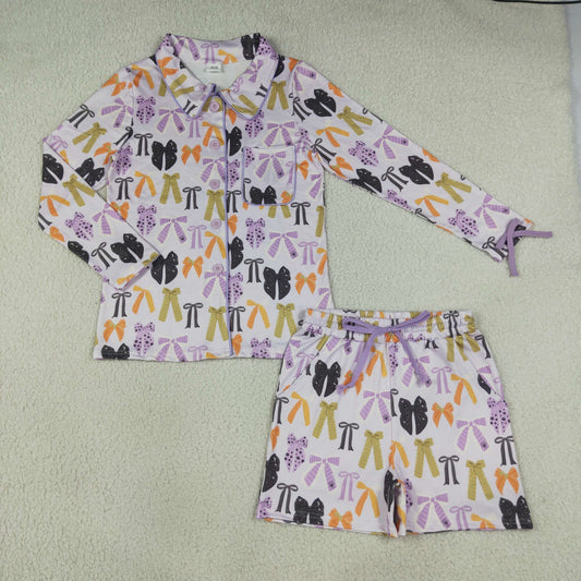 Adult Women Spider Bats Bows Long Sleeve Button Top Pockets Shorts Halloween Pajamas Sets