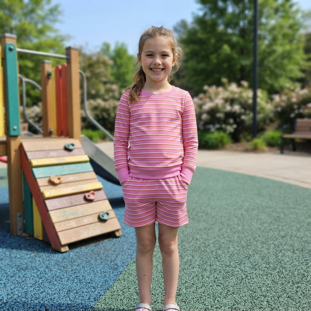 Baby Girls Pink Stripe Long Sleeve Top Pockets Short Yoga Active Clothes Set