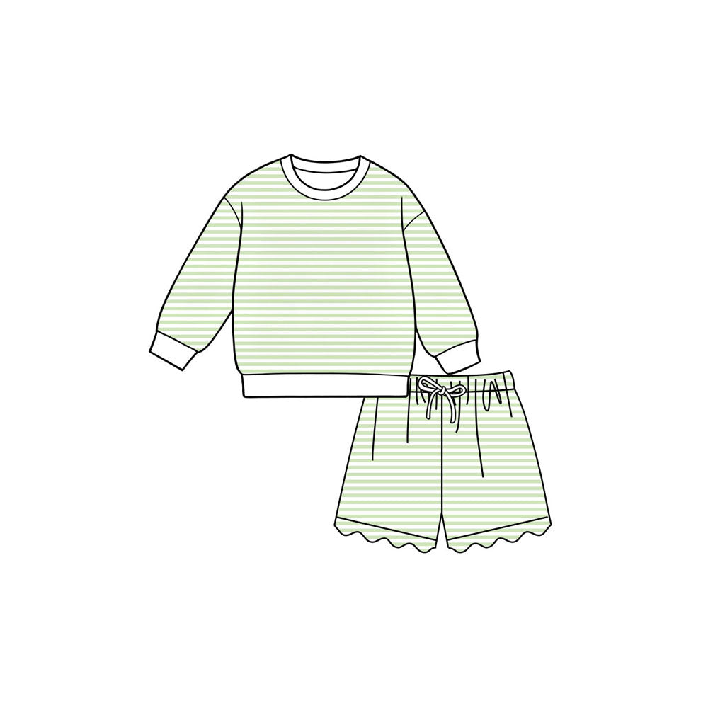 Preorder moq 5 Baby Girls Green Stripe Shirt Top Scallop Short Yoga Active Clothes Set