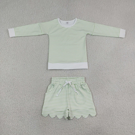 Siblings Baby Girls Long Sleeve Stripe Top Pockets Scallop Shorts Yoga Active Clothes Sets