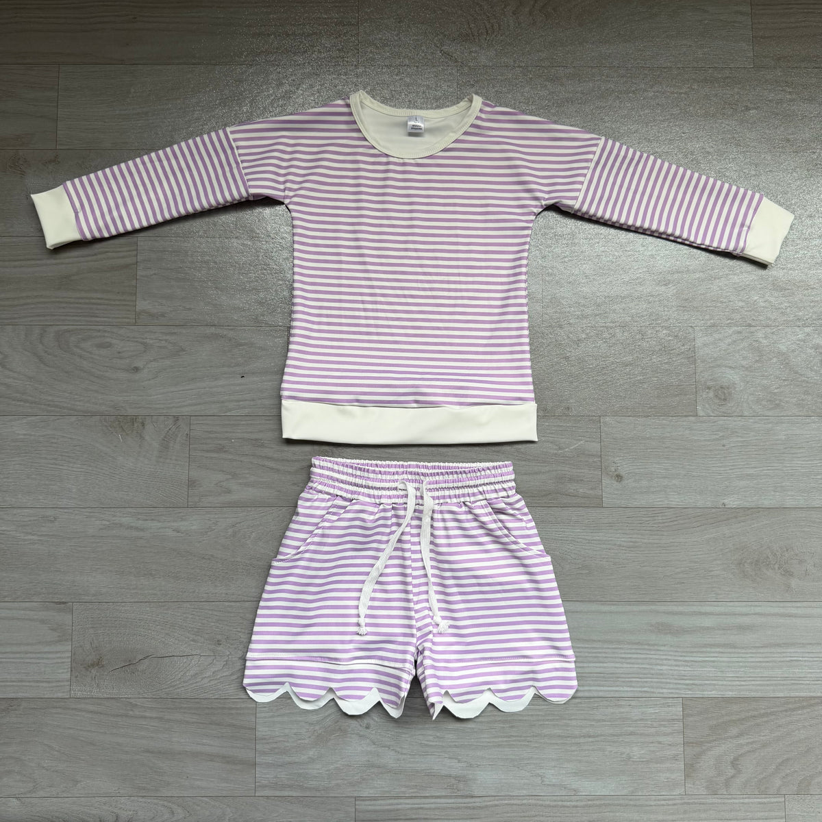 Baby Girls Purple Stripe Long Sleeve Top Pockets Scallop Short Yoga Active Clothes Set