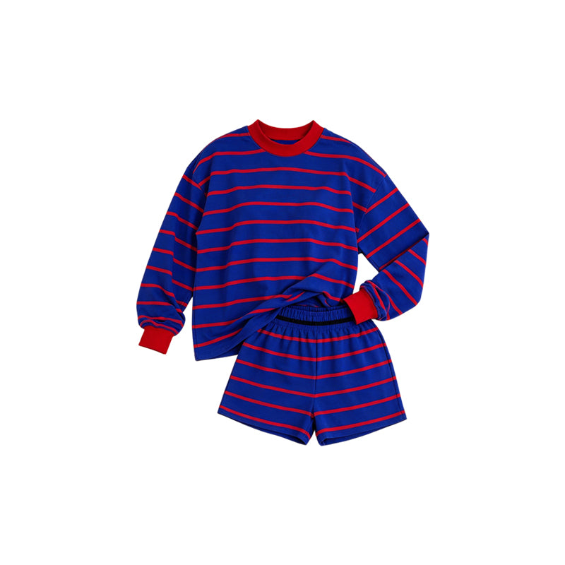 Preorder moq 5 Baby Girls Red Blue Stripe Shirt Top Short Yoga Active Clothes Set