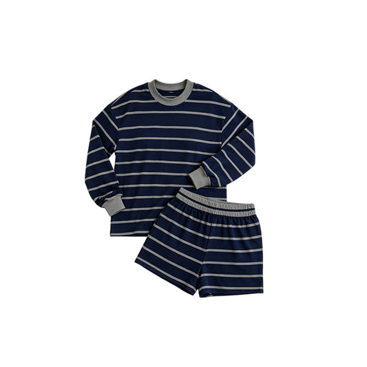 Baby Girls Grey Navy Stripe Shirt Top Short Yoga Active Clothes Set Preorder