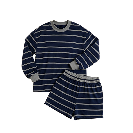 Adult Women Grey Navy Stripe Shirt Top Short Yoga Active Clothes Set Preorder