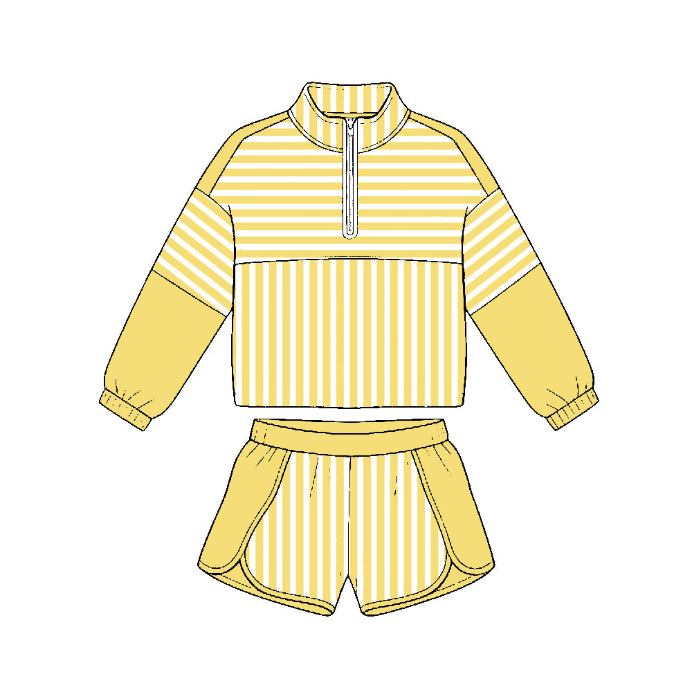 Preorder moq 5 Baby Girls Yellow Stripe Zip Pullovers Short Yoga Active Clothes Set