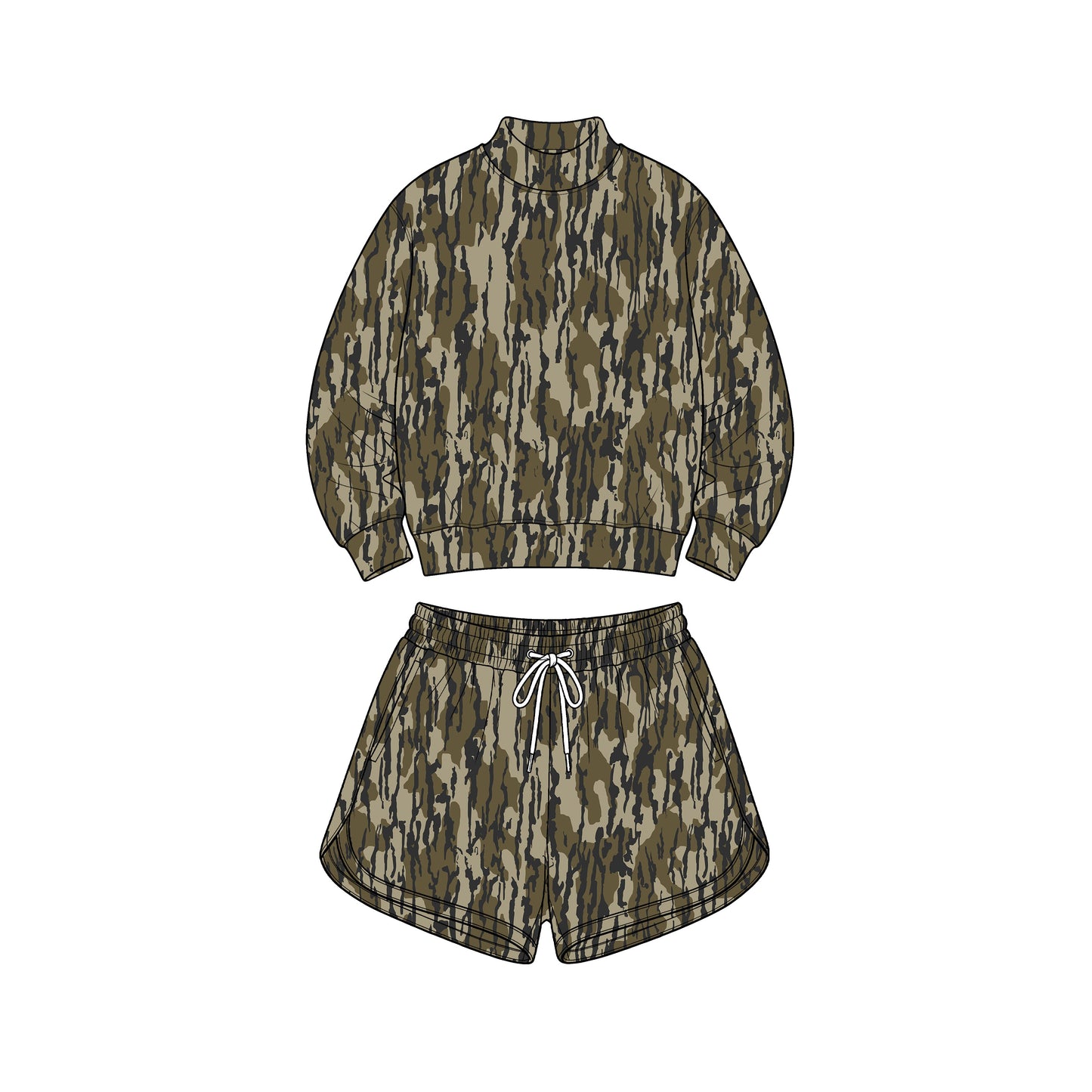 Preorder moq 5 Adult Women Wood Camo Long Sleeve Top Pockets Shorts Yoga Active Clothes Set