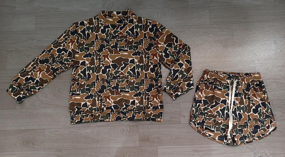 Adult Women Dark Brown Camo Long Sleeve Top Pockets Shorts Yoga Active Clothes Set