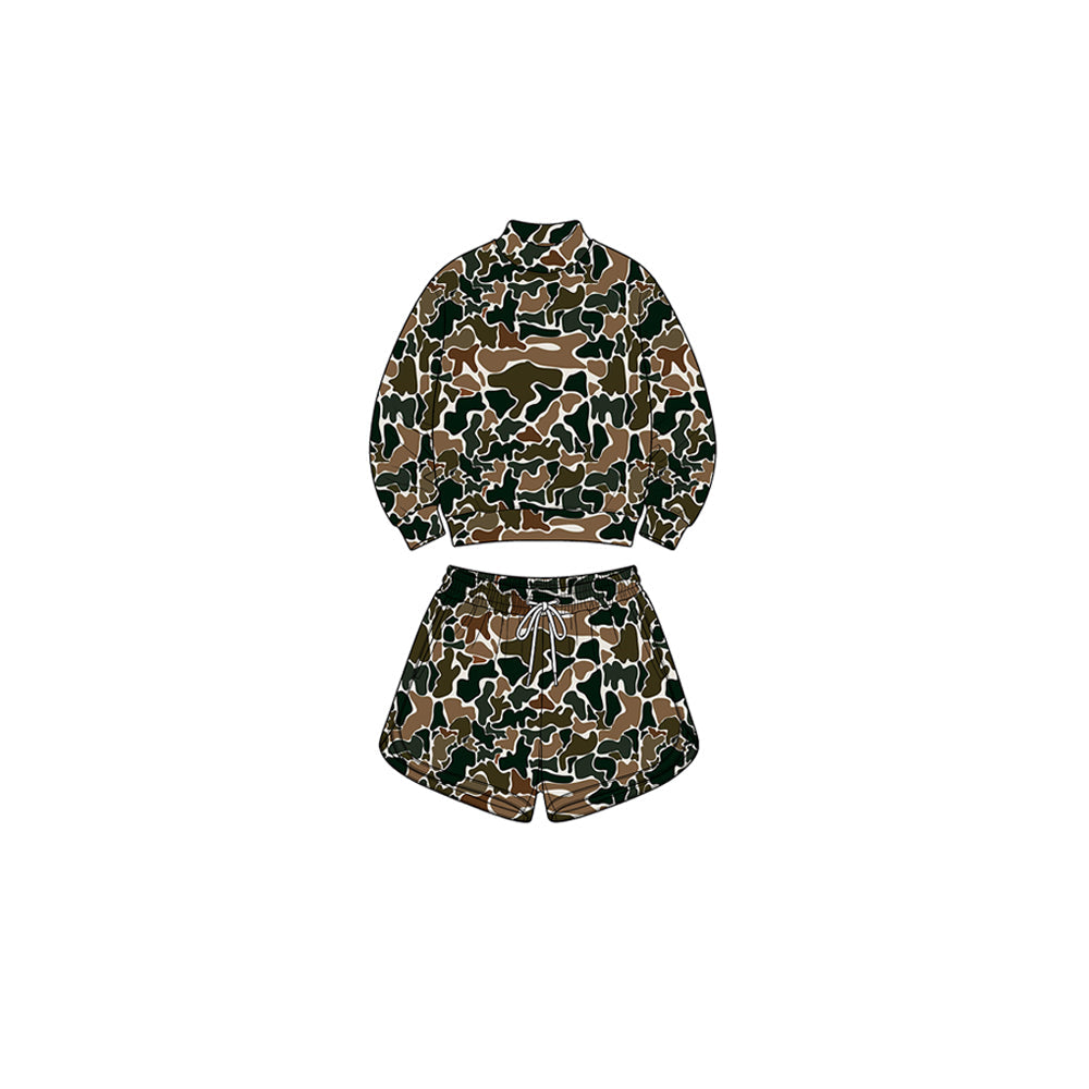 Preorder moq 5 Baby Girls Dark Brown Camo Long Sleeve Top Pockets Shorts Yoga Active Clothes Set