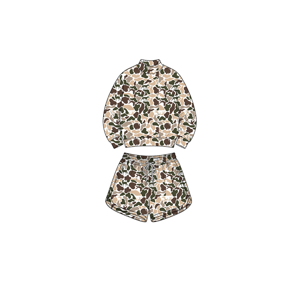 Preorder moq 5 Baby Girls Deer Dogs Ducks Camo Long Sleeve Top Pockets Shorts Yoga Active Clothes Set