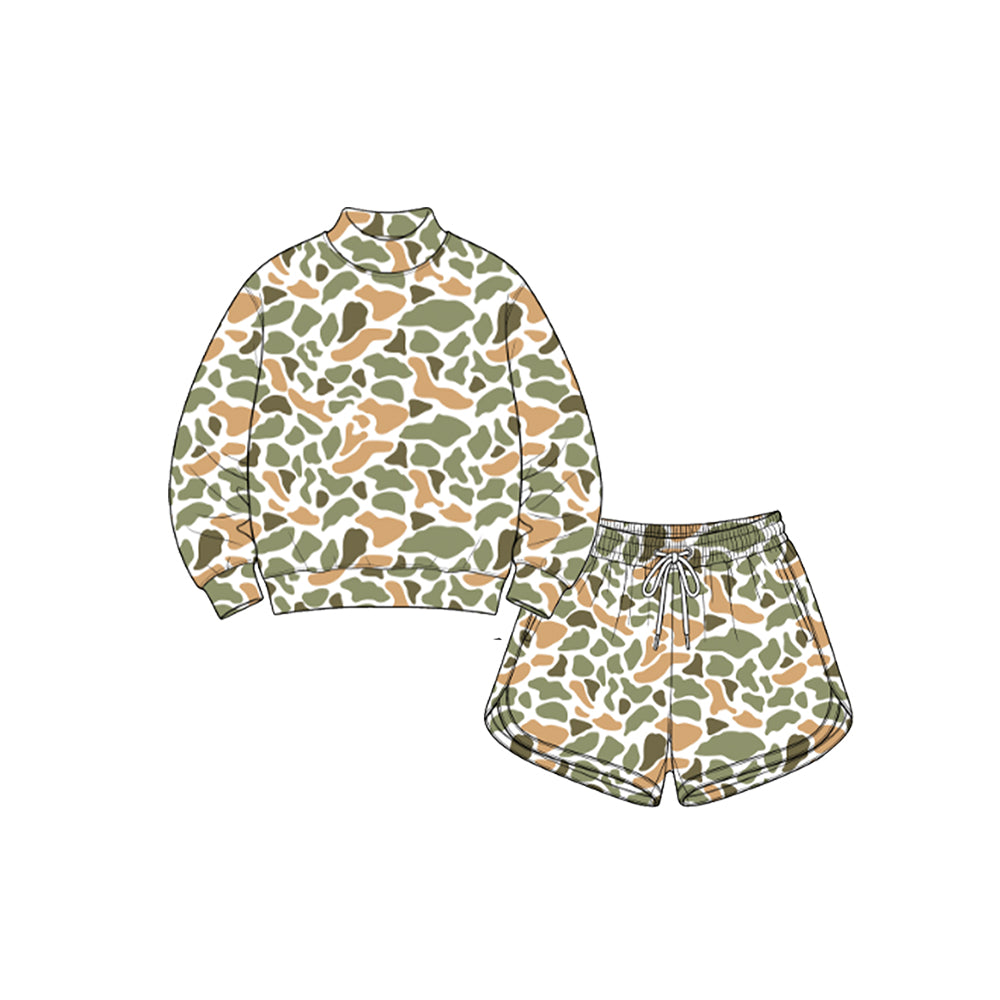 Preorder moq 5 Baby Girls Green Yellow Camo Long Sleeve Top Pockets Shorts Yoga Active Clothes Set