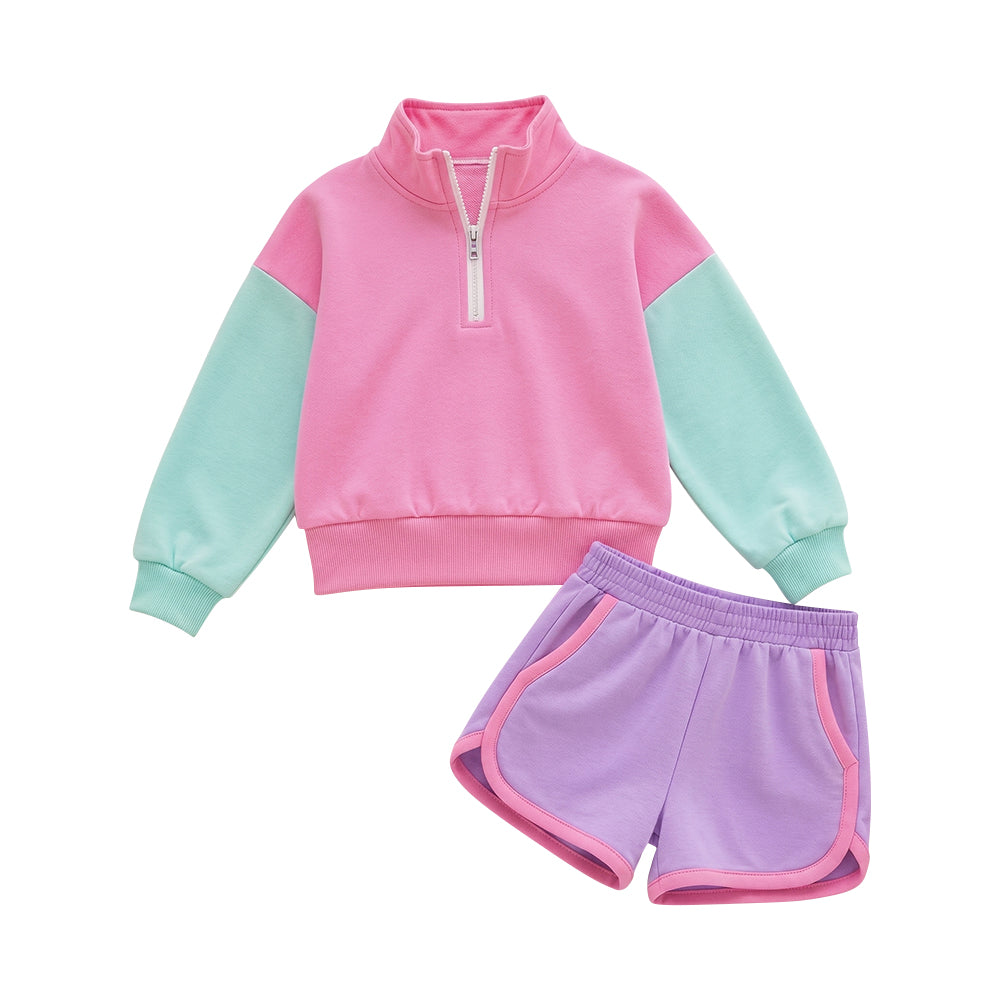 Preorder moq 5 Baby Girls Patchwork Zip Pullovers Pockets Short Clothes Sets