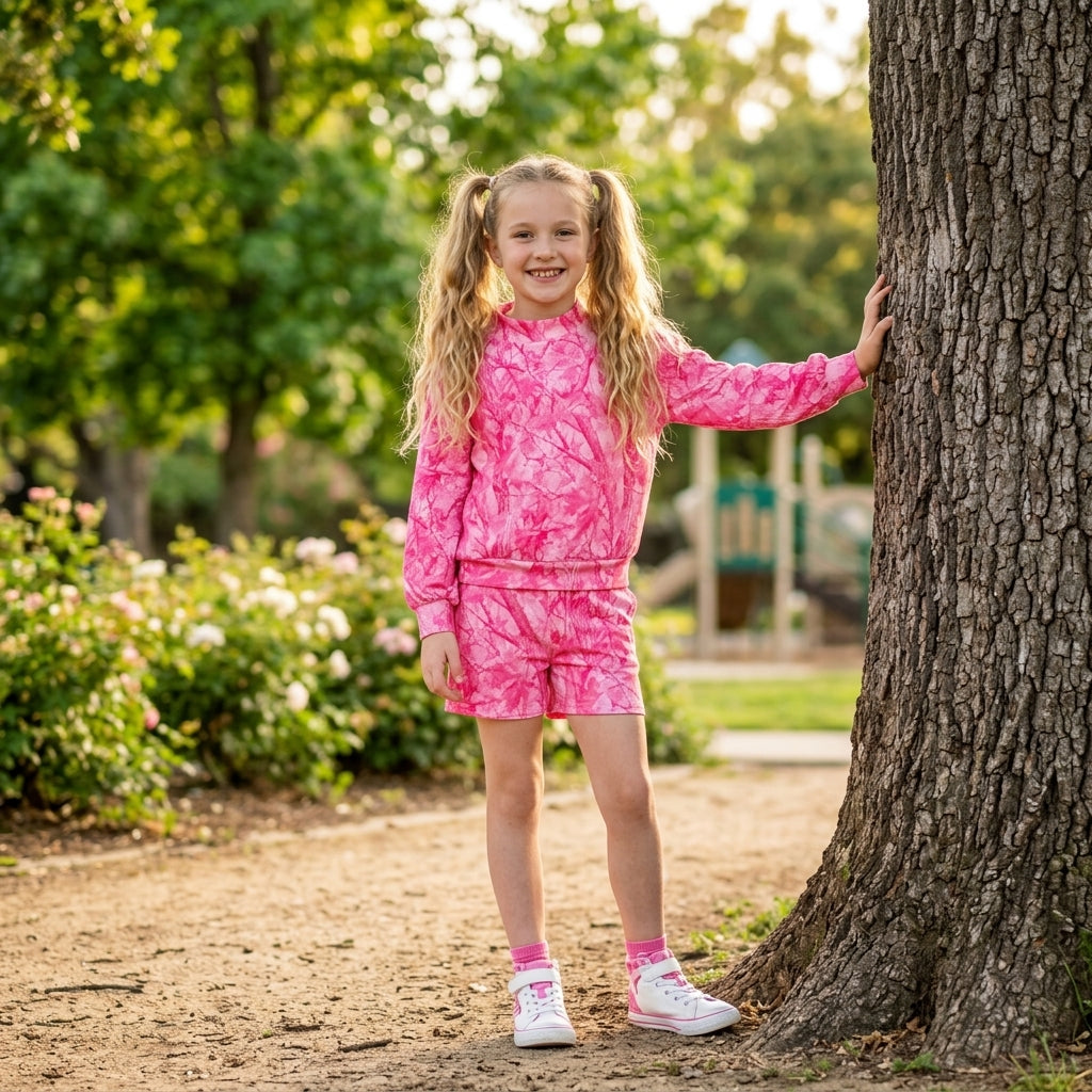 Baby Girls Pink Leaves Camo Choker Top Pockets Short Clothes Set
