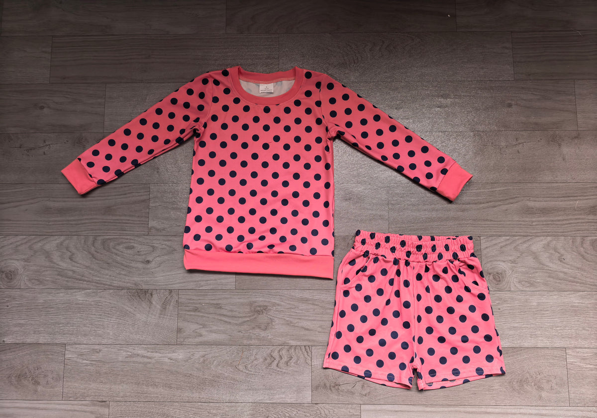 Baby Girls Pink Long Sleeve olka Dots Top Pockets Short Clothes Set Preorder