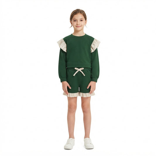 Baby Girls Dark Green Stripe Shirts Top Pockets Ruffle Short Clothes Set