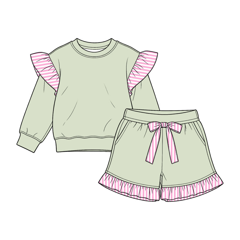 Preorder moq 5 Baby Girls Light Green Stripe Flutter Sleeve Top Pockets Ruffle Short Clothes Set