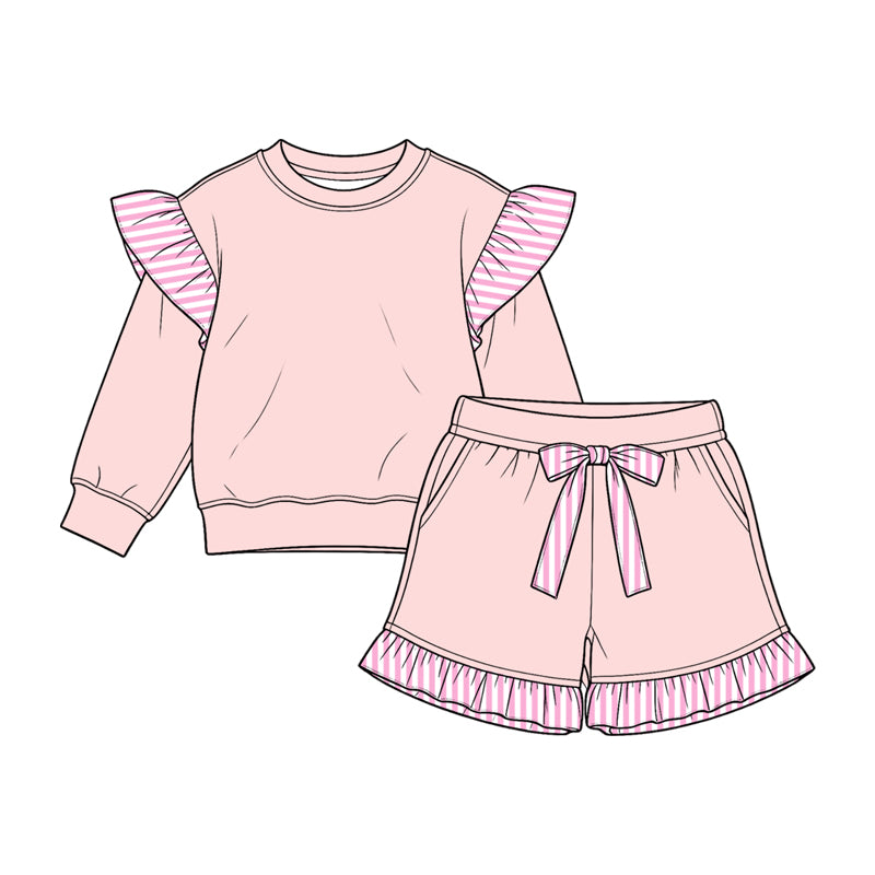 Preorder moq 5 Baby Girls Light Pink Stripe Flutter Sleeve Top Pockets Ruffle Short Clothes Set