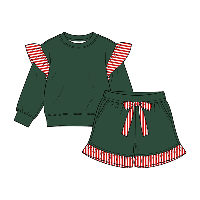 Preorder moq 5 Baby Girls Green Red Stripe Flutter Sleeve Top Pockets Ruffle Short Clothes Set