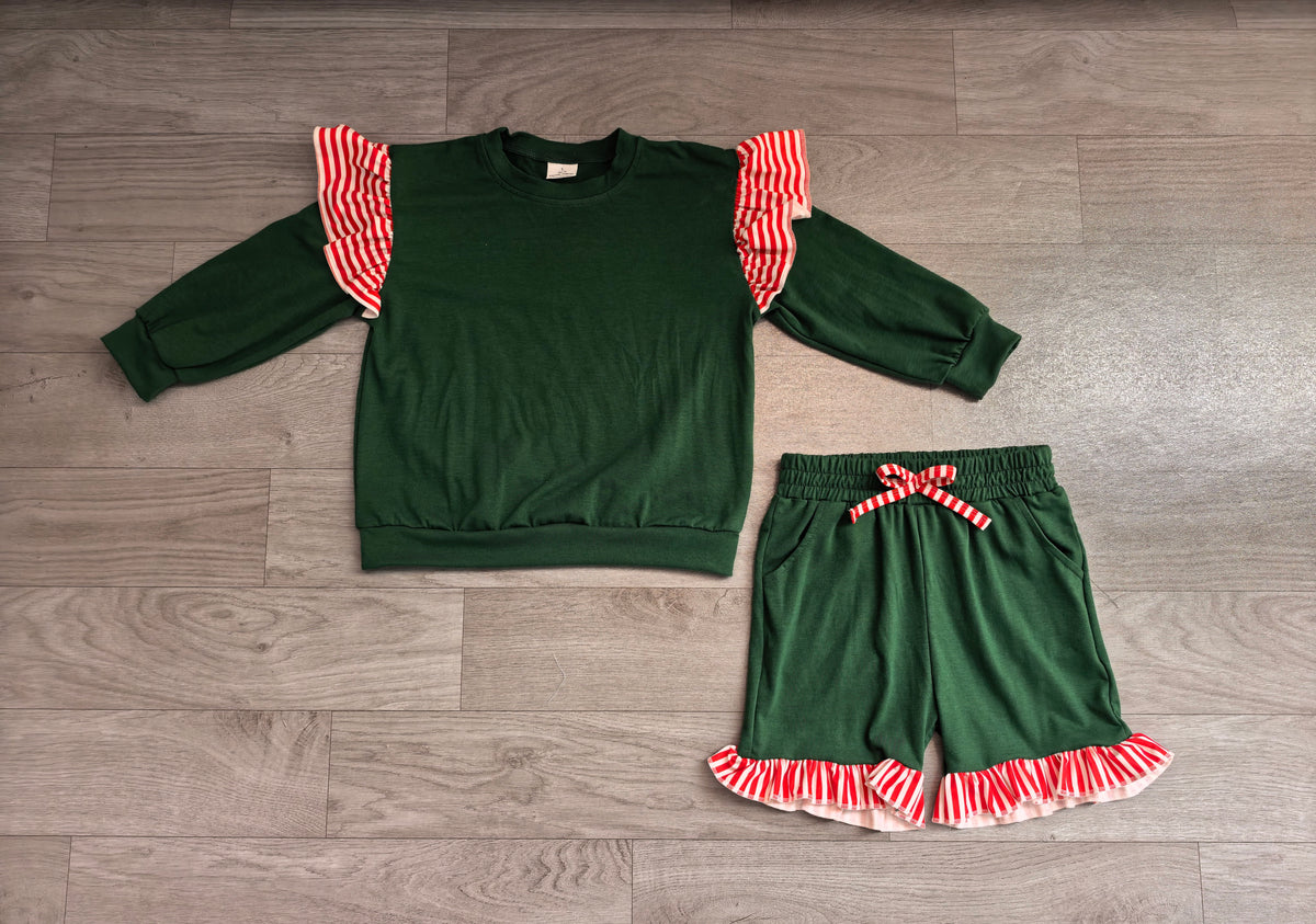 Baby Girls Green Red Stripe Flutter Sleeve Top Pockets Ruffle Short Clothes Set