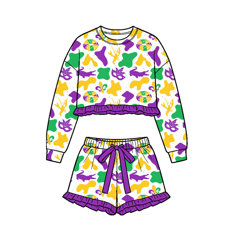 Baby Girls Donuts Masks Camo Long Sleeve Top Ruffle Short Mardigras Clothes Set Preorder