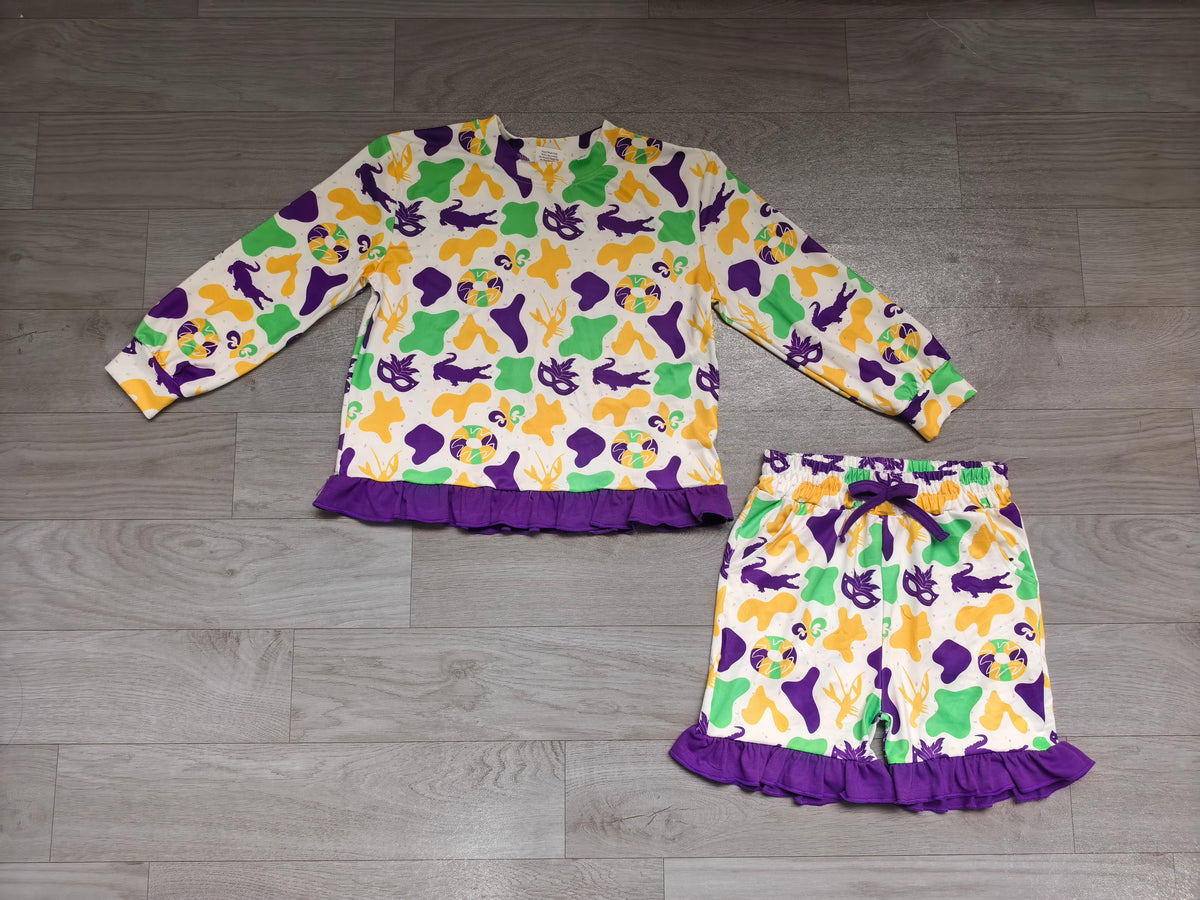 Baby Girls Donuts Masks Camo Long Sleeve Top Ruffle Short Mardigras Clothes Set