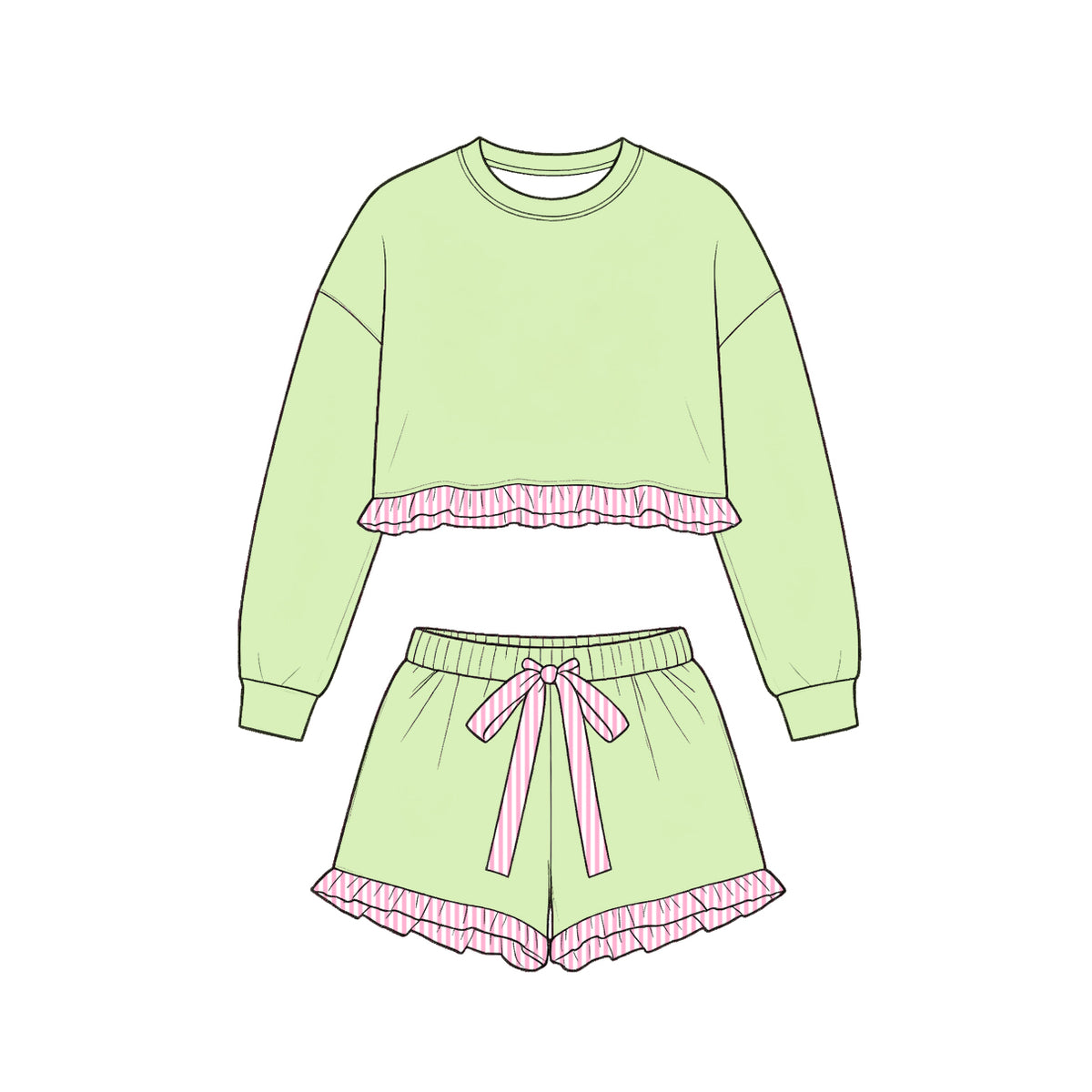 Baby Girls Light Green Long Sleeve Shirt Top Ruffle Short Clothes Set Preorder