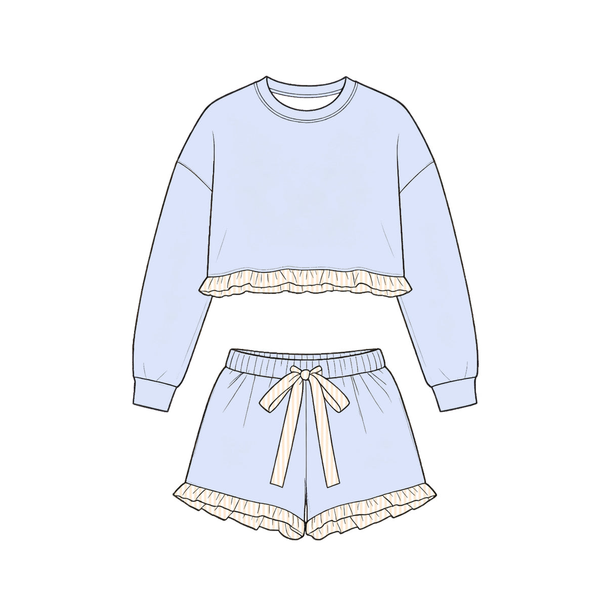 Baby Girls Light Blue Long Sleeve Shirt Top Ruffle Short Clothes Set Preorder