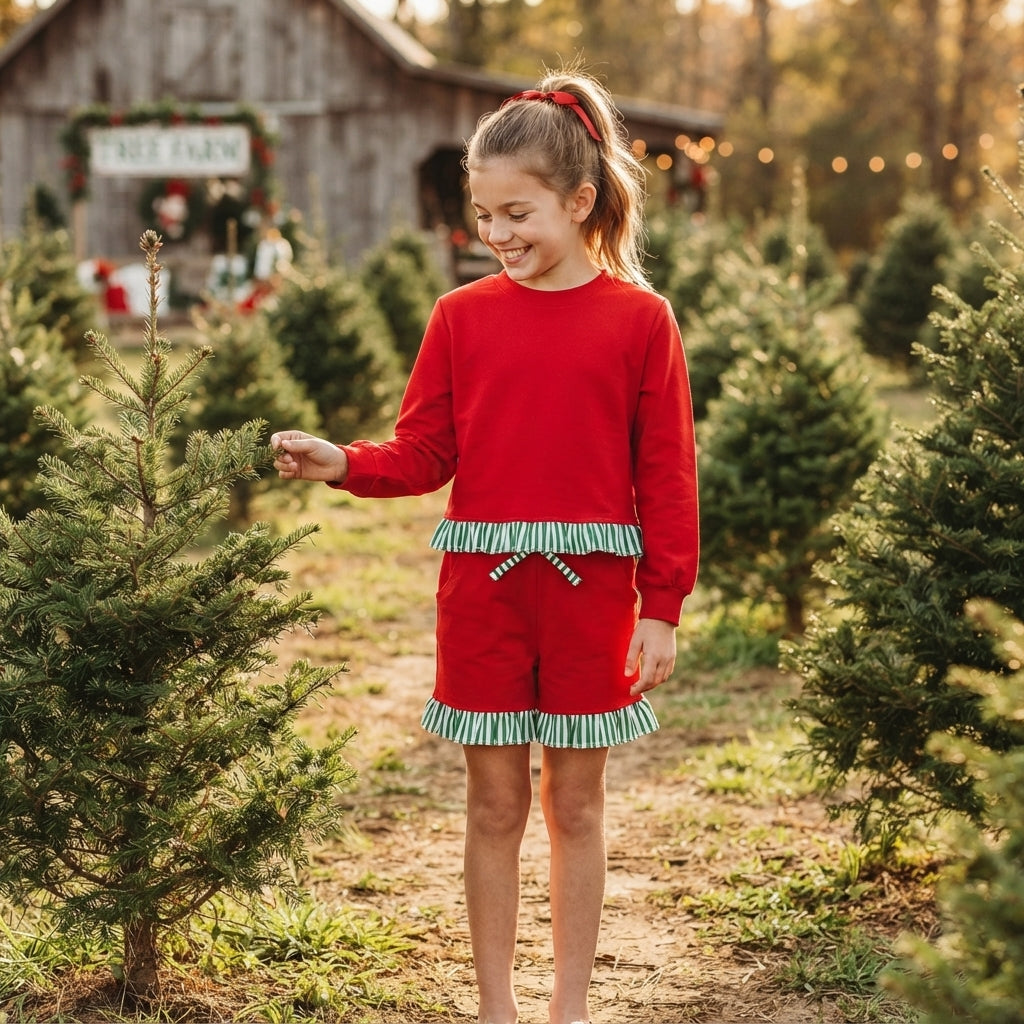 Baby Girls Red Green Stripe Slouchy Shirts Pockets Ruffle Short Clothes Set
