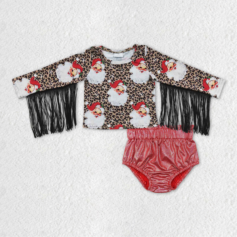 Kids Girls Christmas Santa Tassel Baby Long Sleeve Top Disco Red Bummie Sets