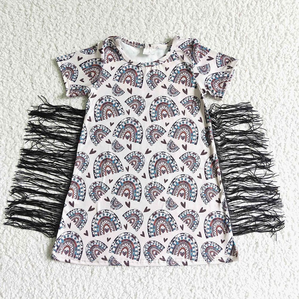 Sibling Baby Girls Short Sleeves Flowers Cows Tassel Knee Length Dresses