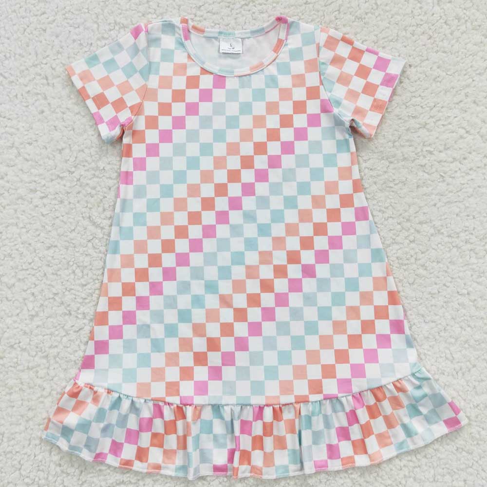 Sibling Baby Girls Flowers Checkered Short Sleeve Knee Length Dresses