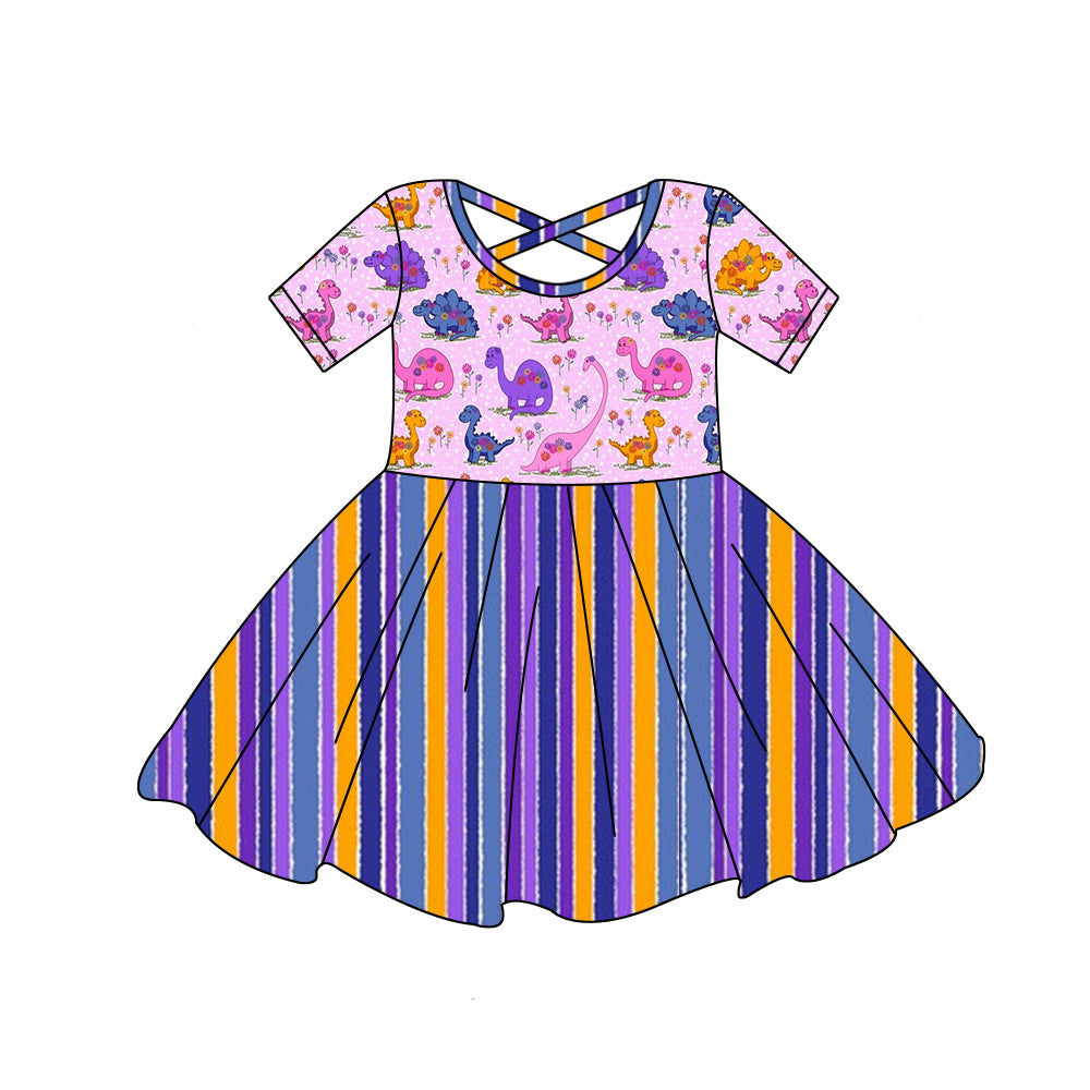 Baby Girls Short Sleeve Dinosaurs Stripes Knee Length Dresses Preorder