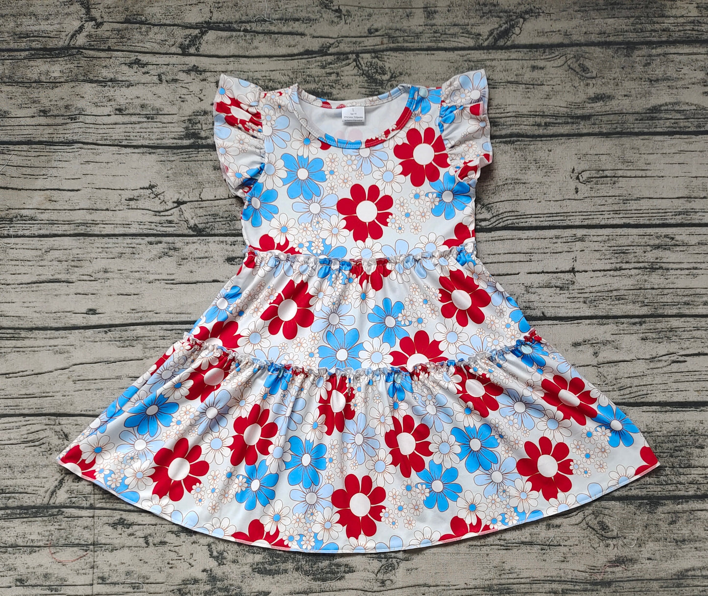 Baby Girls Blue Red Flowers Flutter Sleeve Knee Length Dresses