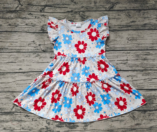Baby Girls Blue Red Flowers Flutter Sleeve Knee Length Dresses