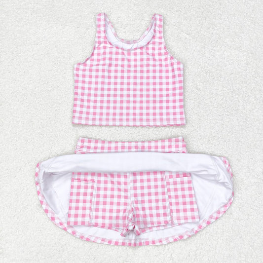 Prorder Baby Girls Summer Pink Checkered Top Skirts Clothes Sets