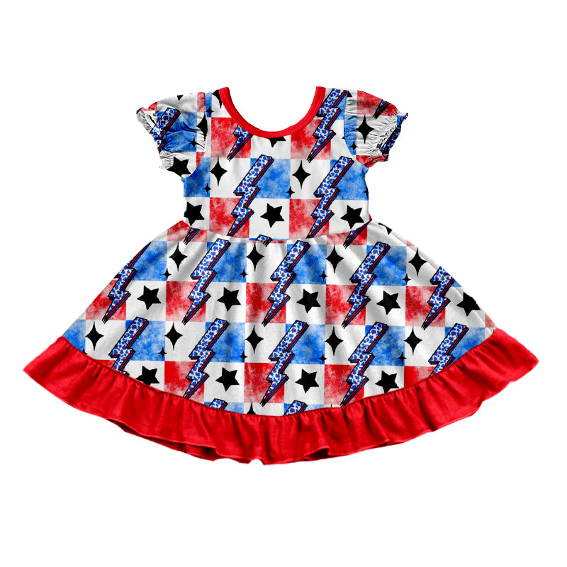 Baby Girls 4th Of July Light Short Sleeve Ruffle Knee Length Dresses Preorder